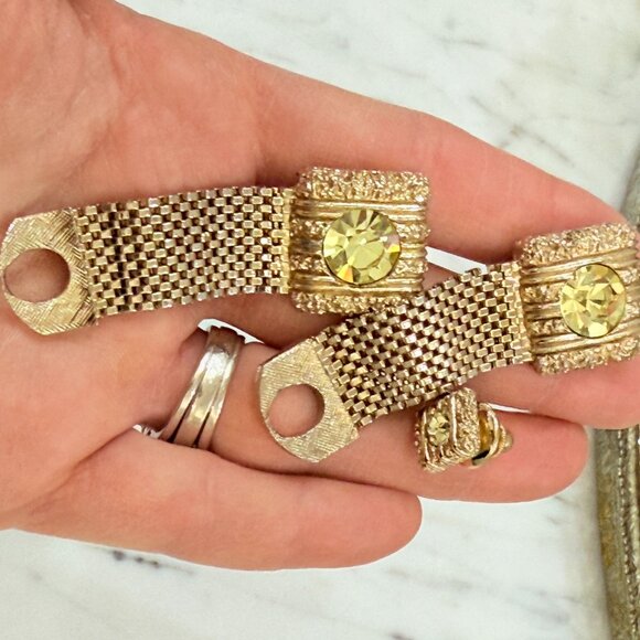 Gold Mesh Swank Cuff Link & Tie Tack set with Rivoli cut yellow stone - Picture 8 of 10